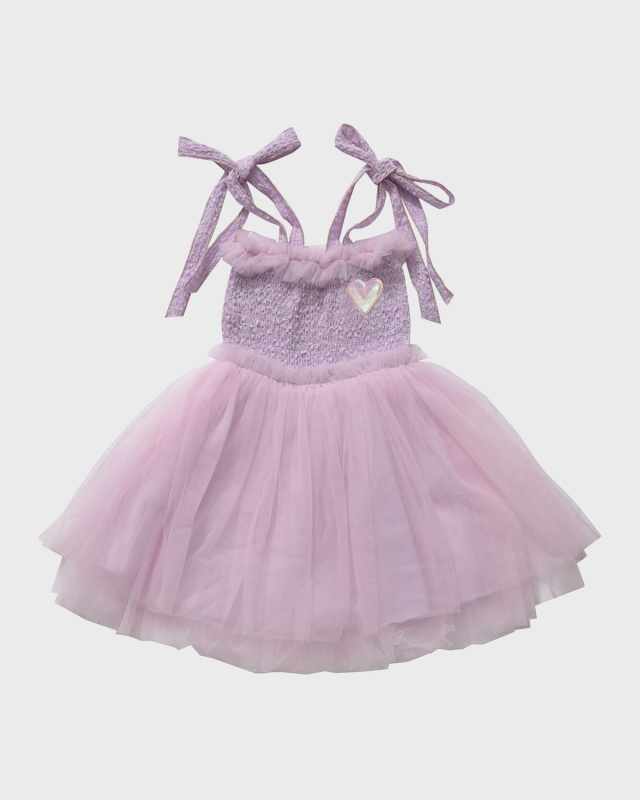 Girl's Smocked Tie-Shoulder Tulle Dress, Size 12M-10